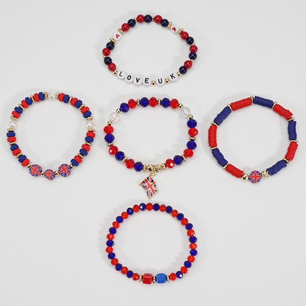 Set of beaded bracelets with Union Jack design on a light gray background