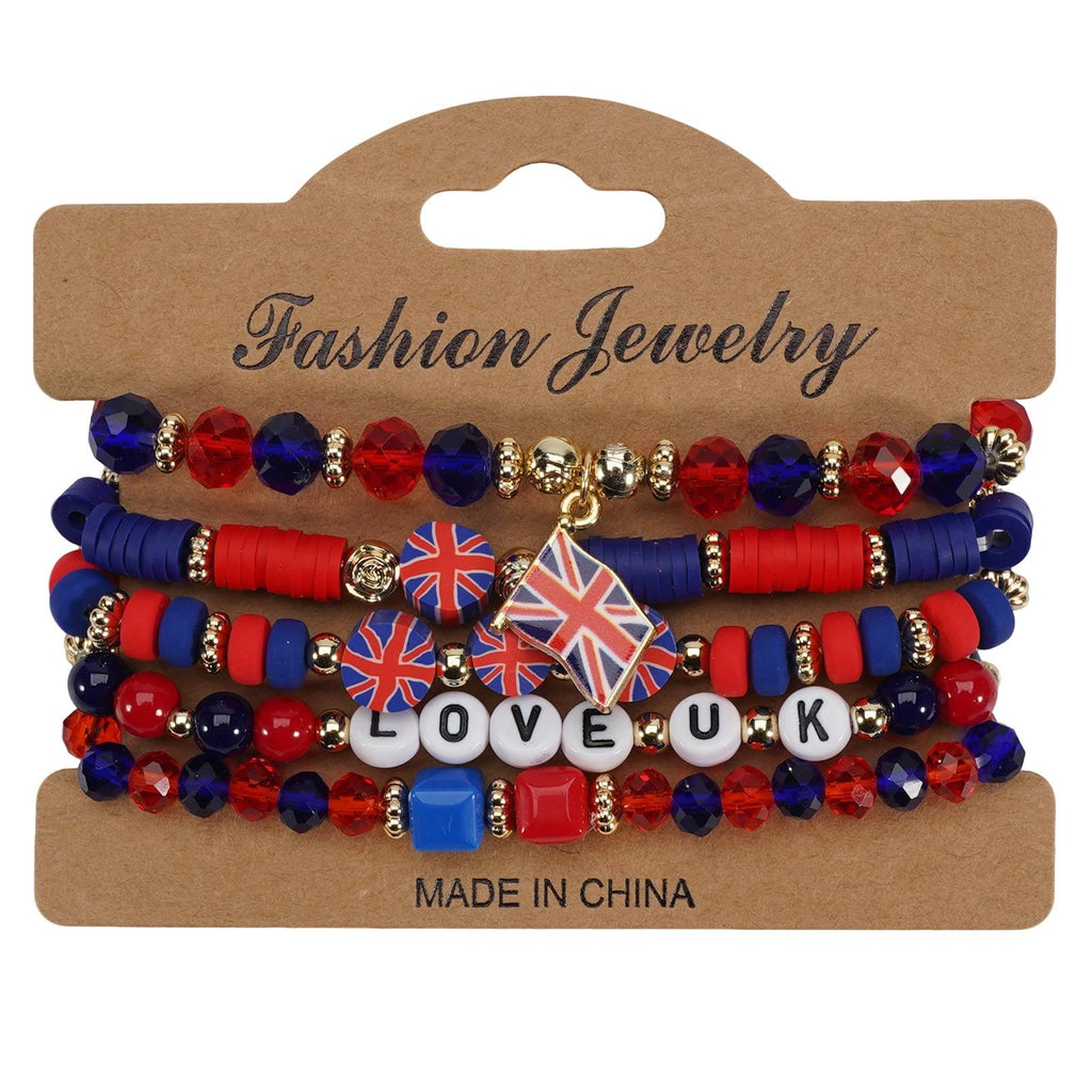 Set of colorful beaded bracelets with Union Jack design on a 'Fashion Jewelry' card.