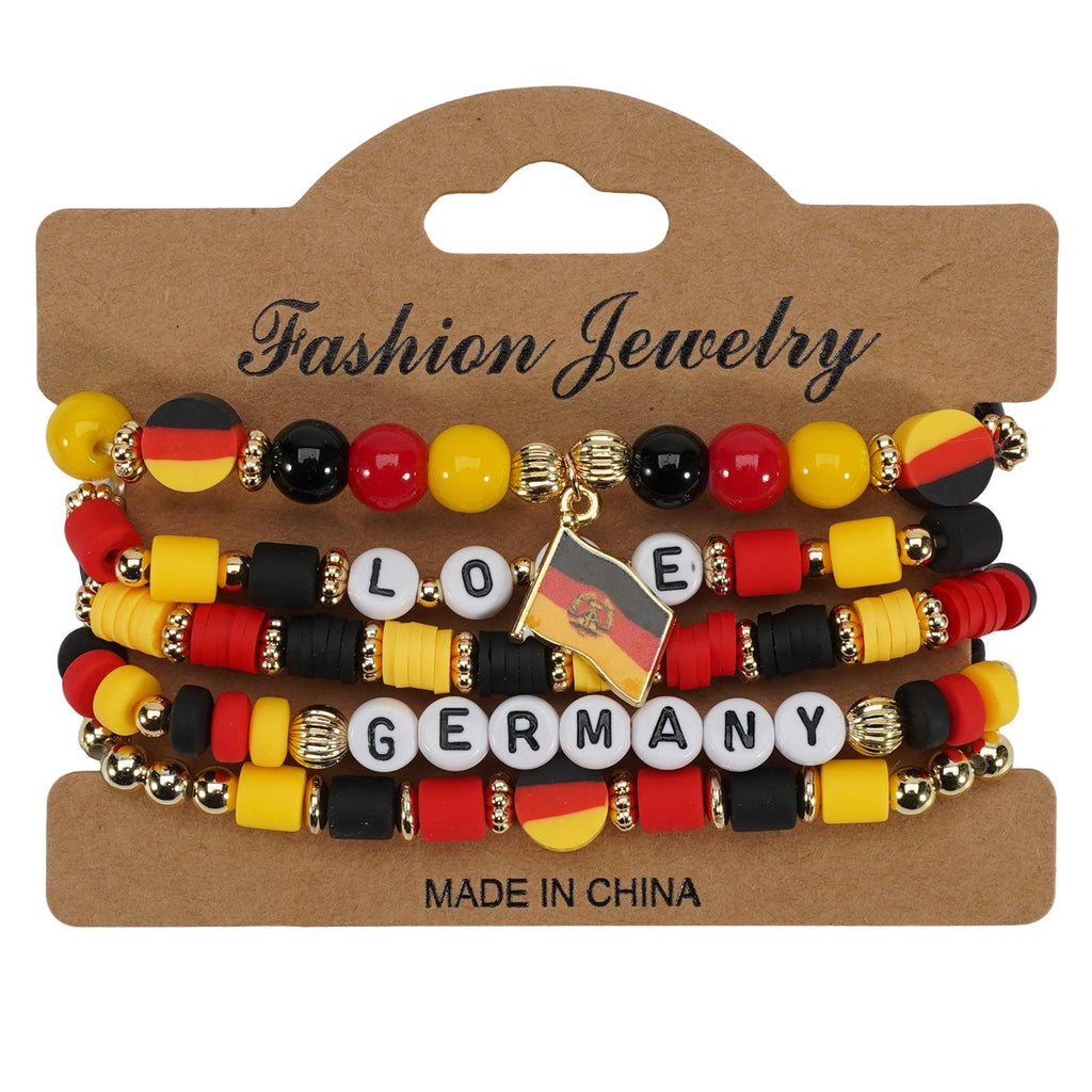 Set of beaded bracelets with German flag design on a 'Fashion Jewelry' card.