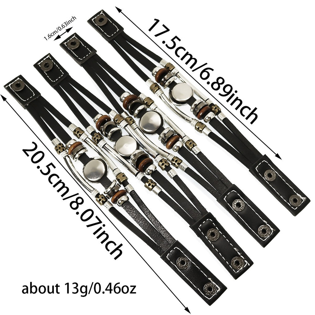 Black leather straps with metal clasps and measurements on a white background