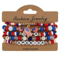 Set of patriotic beaded bracelets with American flag design on a 'Fashion Jewelry' card.