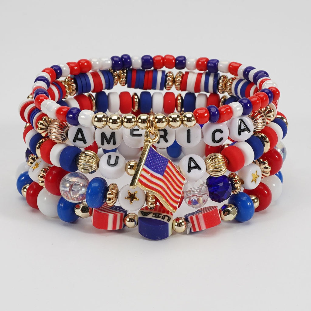 Multistrand bracelet with American flag and 'AMERICA' beads on a white background
