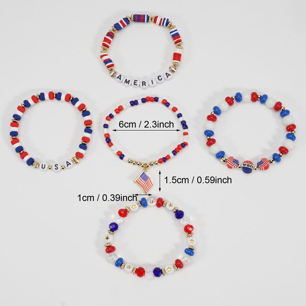 Set of beaded bracelets with letter and flag charms on a white background