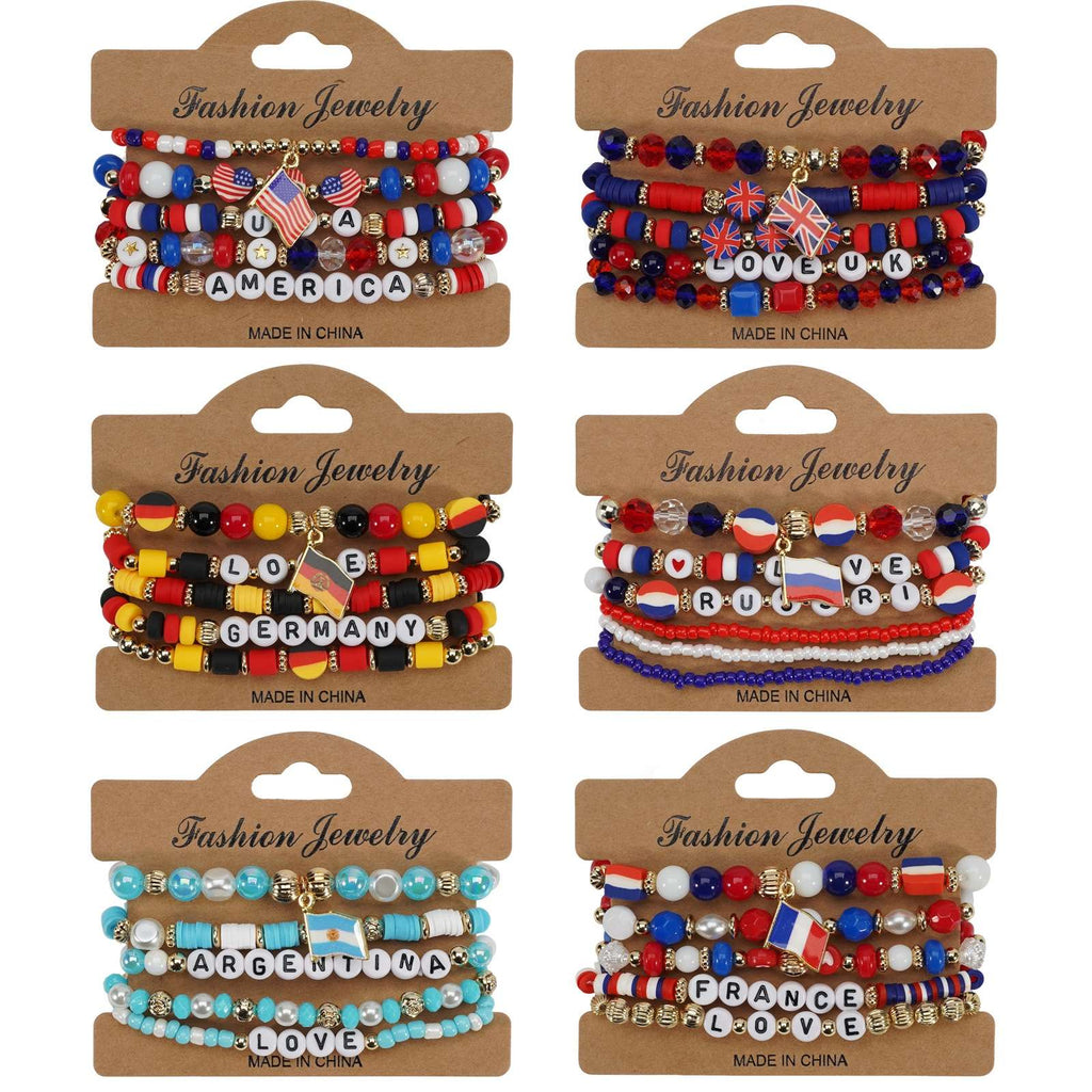 Set of fashion jewelry bracelets with country-themed charms on display cards.