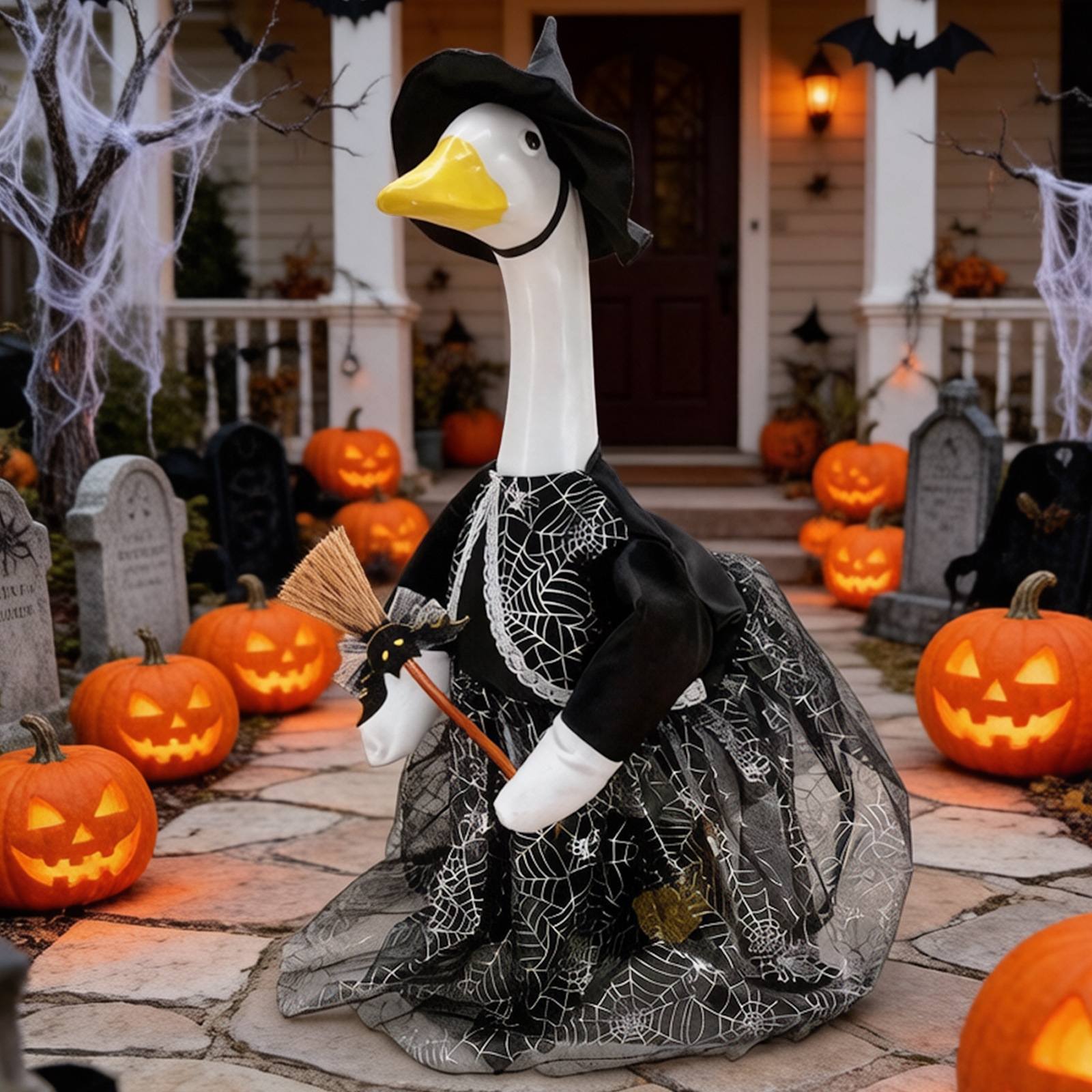 Halloween Porch Goose Costume & Decor Set – Witch Outfit with Hat & Broom