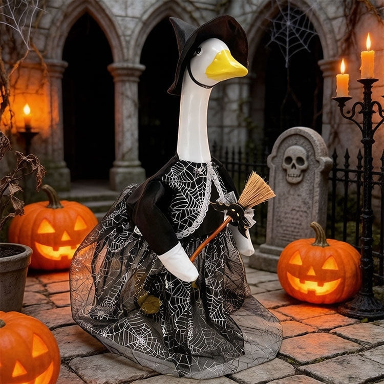 Halloween Porch Goose Costume & Decor Set – Witch Outfit with Hat & Broom