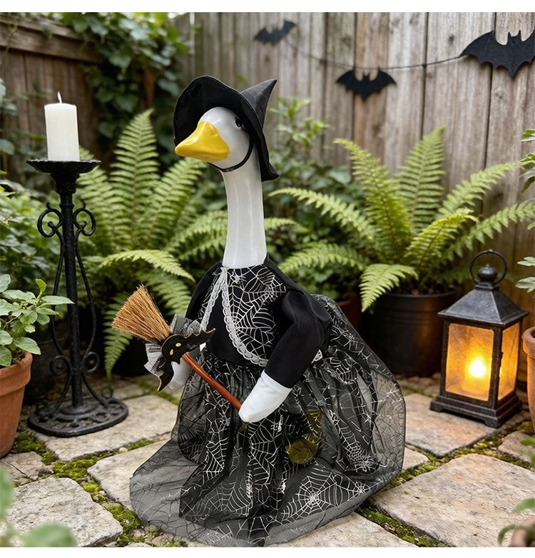 Halloween Porch Goose Costume & Decor Set – Witch Outfit with Hat & Broom