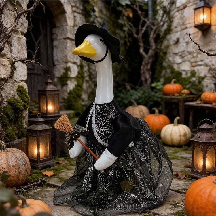 Halloween Porch Goose Costume & Decor Set – Witch Outfit with Hat & Broom