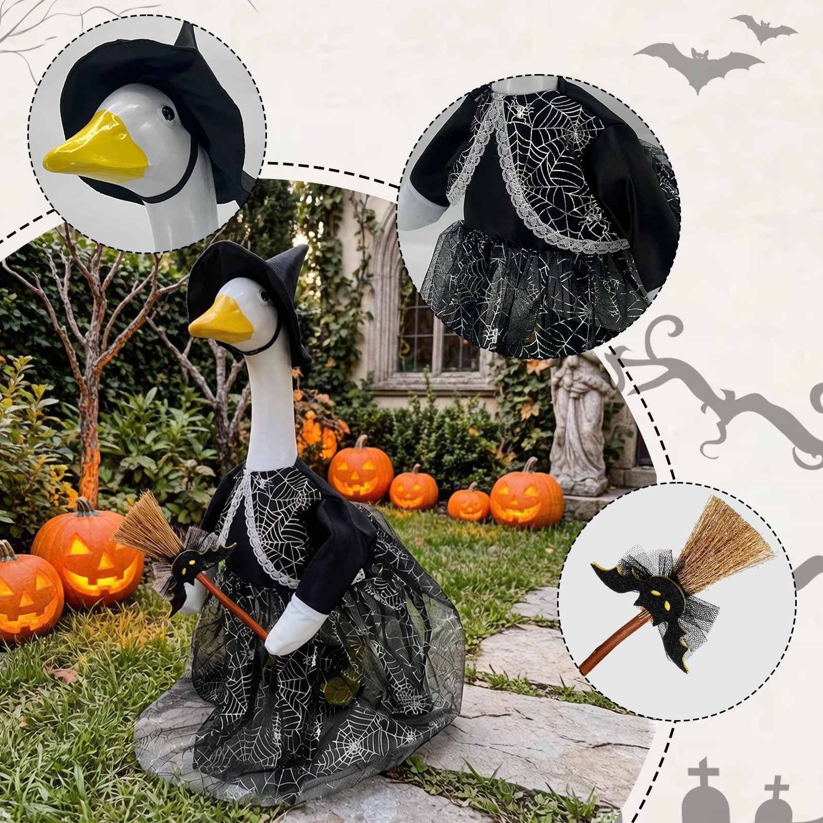 Halloween Porch Goose Costume & Decor Set – Witch Outfit with Hat & Broom