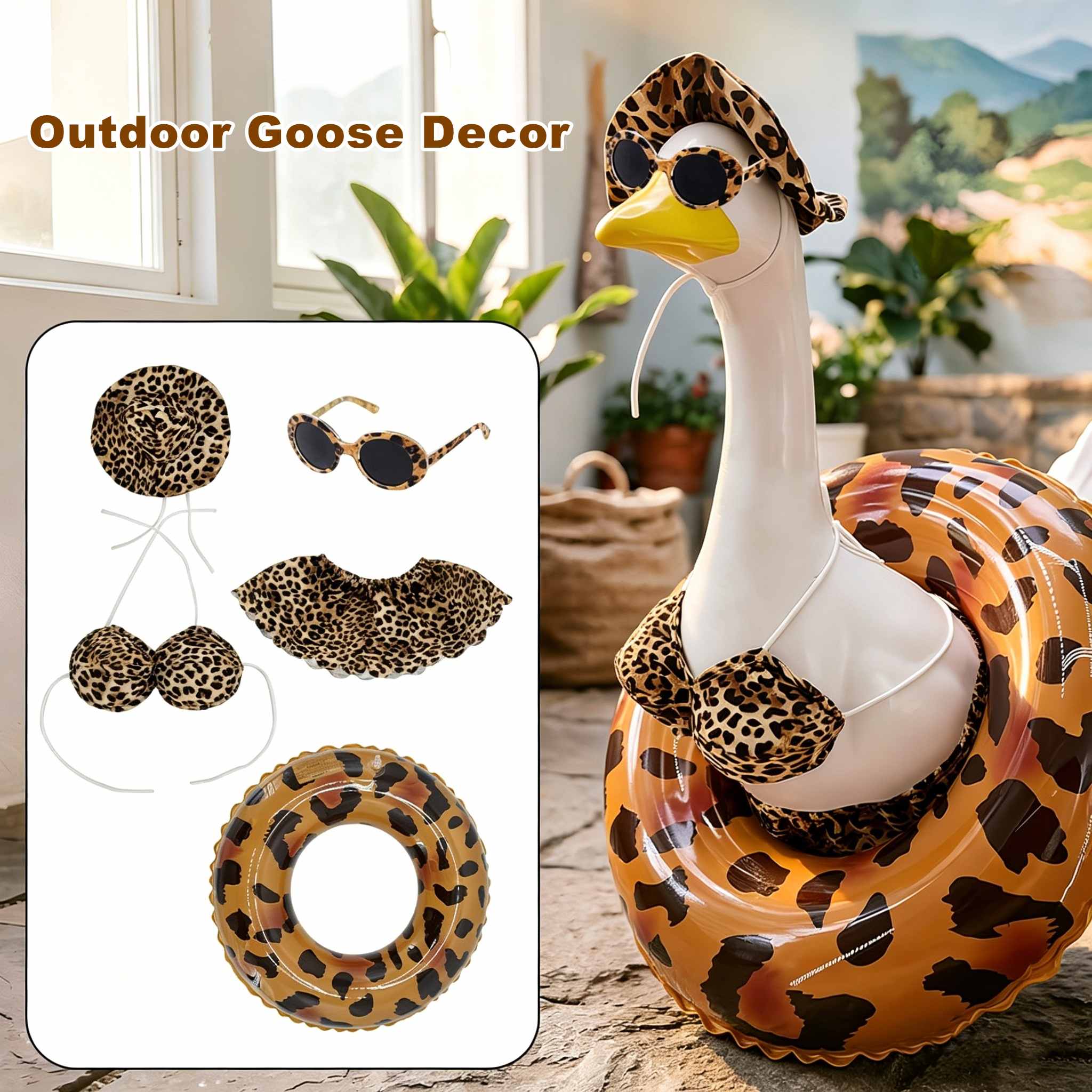 Porch Goose Outfit Leopard Print Costume Set with Bikini, Sunglasses & Pool Ring