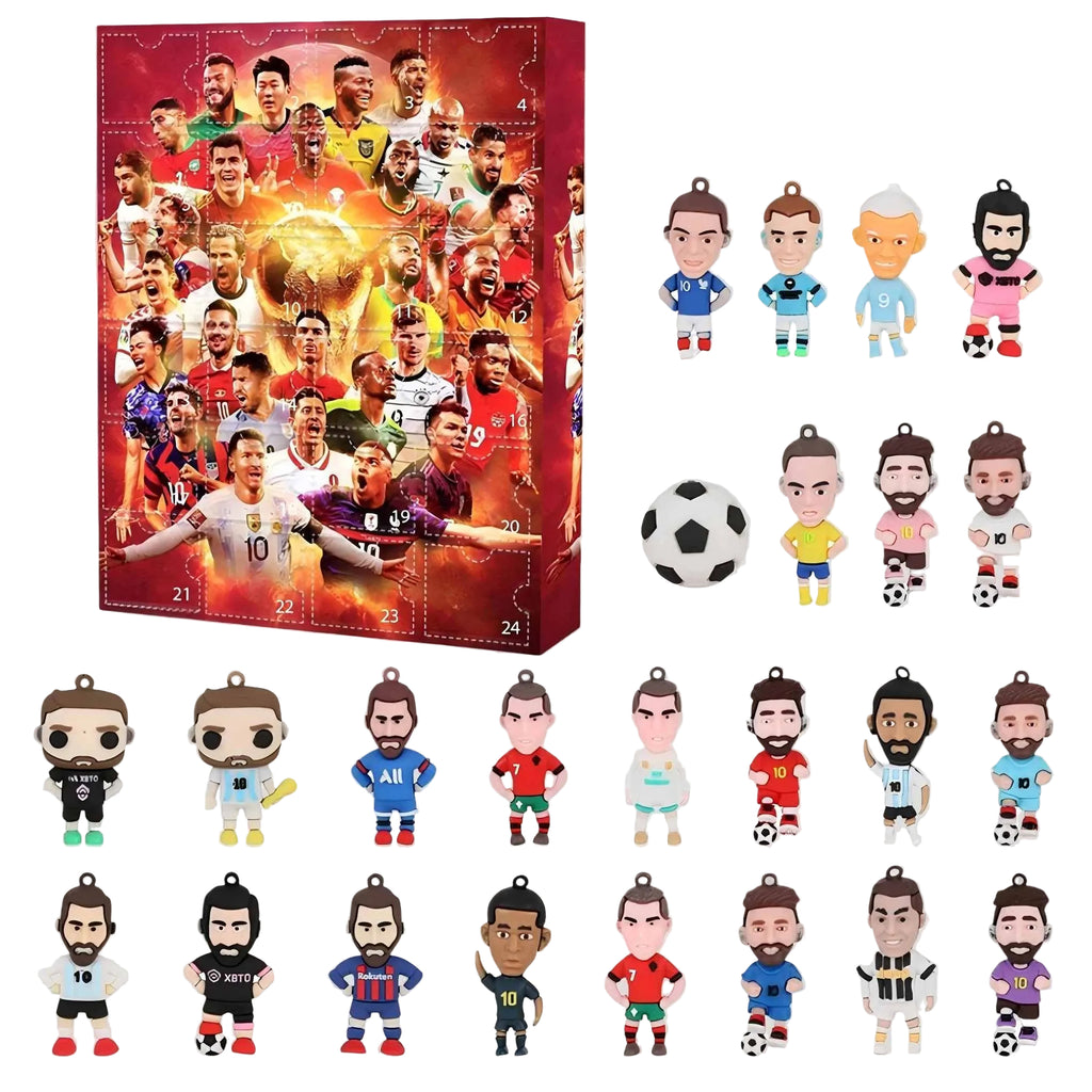 Advent calendar with soccer-themed figurines on a white background