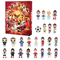 Advent calendar with soccer-themed figurines on a white background