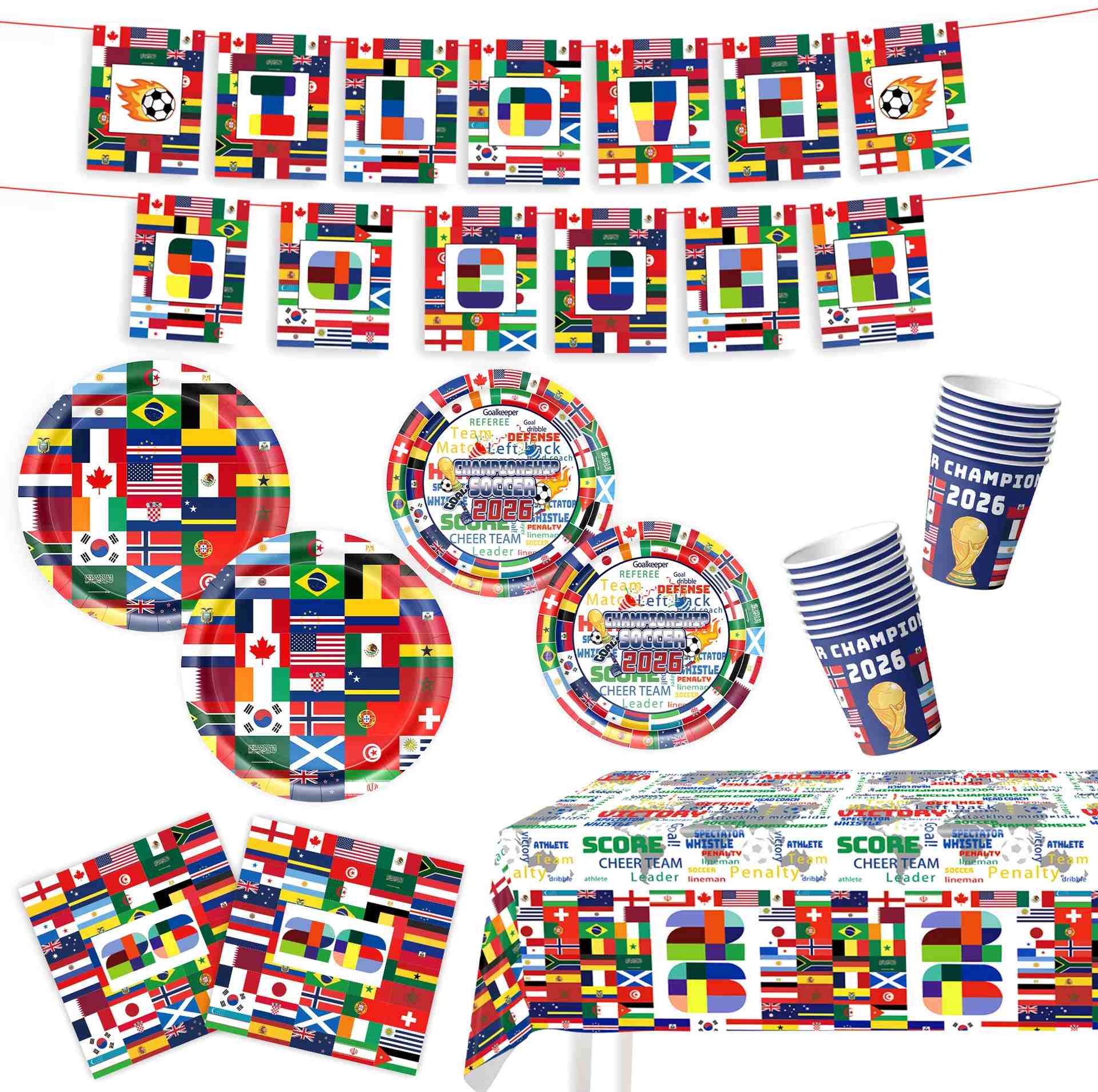 2026 World Cup Party Supplies | Soccer Flag Plates, Cups & Banners